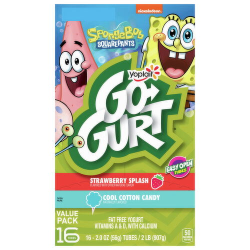 Go-Gurt Yogurt, Fat Free, Strawberry Splash/Cool Cotton Candy, SpongeBob SquarePants, Value Pack