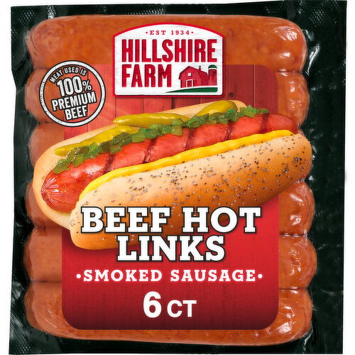 Hillshire Farm Beef Hot Smoked Sausage with Spicy Red Pepper, 6 Links
