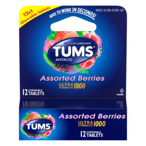 Tums Antacid, Ultra Strength, 1000 mg, Chewable Tablets, Assorted Berries