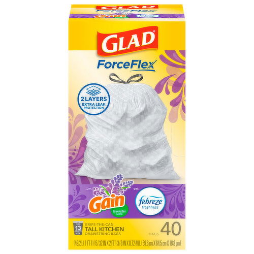 Glad 13 Gallon Gain Lavender Scent Tall Kitchen Drawstring Bags