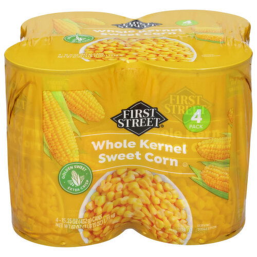 First Street Sweet Corn, Whole Kernel, 4 Pack