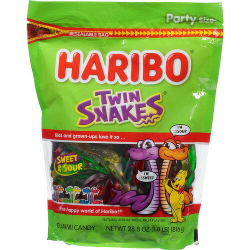 Haribo Gummi Candy, Sweet & Sour, Twin Snakes, Party Size