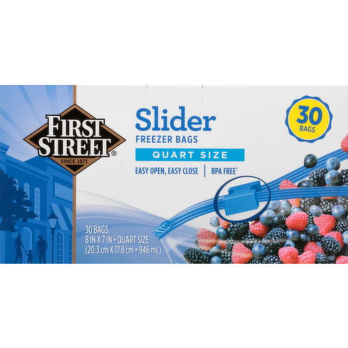 First Street Freezer Bags, Slider, Quart Size