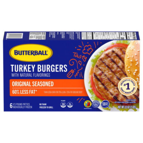 Butterball Butterball Original Seasoned Frozen Turkey Burgers go from the freezer to the grill or skillet, eliminating the need for thawing. Packed with high-quality lean turkey, each serving contains 28 grams of protein. Today, we turkey.