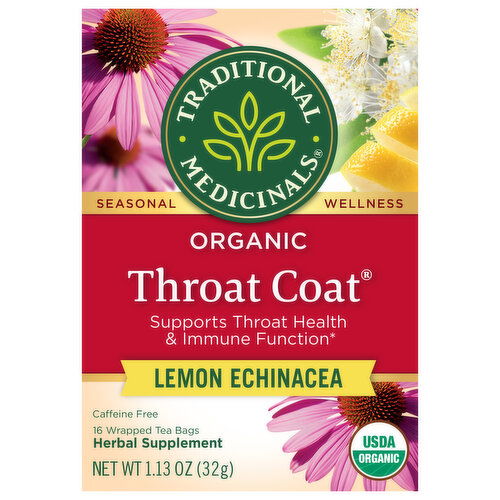 Traditional Medicinals Organic Caffeine Free Tea Bags Lemon Echinacea Throat Coat