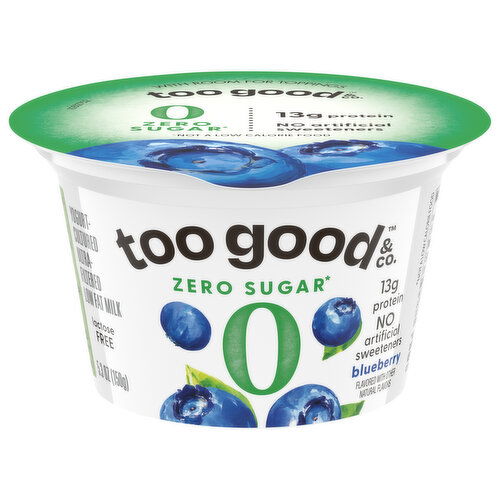 Too Good & Co. Yogurt, Zero Sugar, Low Fat Milk, Ultra-Filtered, Cultured, Blueberry