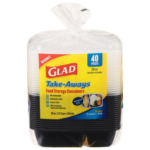 Glad Food Storage Containers, Divided Rectangle, 28 oz, 20 Sets