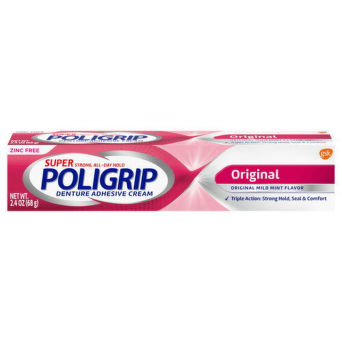 Poligrip Denture Adhesive Cream, Zinc Free, Original Mild Mint Flavor