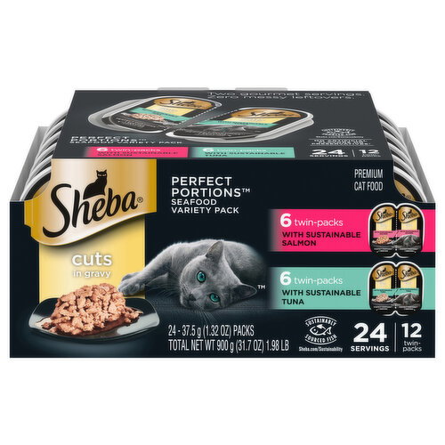Sheba Premium Cuts in Gravy Sustainable Salmon/Sustainable Tuna Cat Food Seafood Variety Pack Image 1 of 5