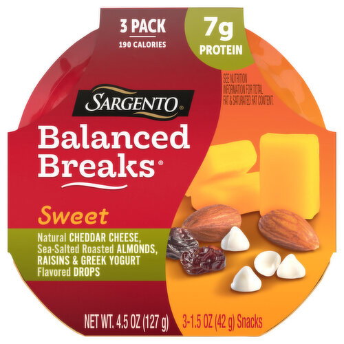 Sargento Sweet Cheddar Cheese/Almonds/Raisins & Greek Yogurt Drops 3 Pack Balanced Breaks Image 1 of 6