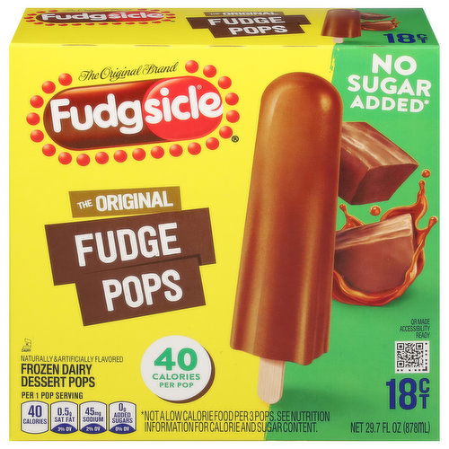 Fudgsicle Frozen Dairy Dessert Pops, No Sugar Added, The Original Fudge Pops, 18 Pack