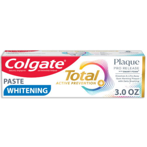 Colgate Dissolve and lift away gum harming plaque with daily brushing using Colgate Total Plaque Pro Release Whitening Toothpaste. The unique anticavity, antigingivitis, anti sensitivity toothpaste formula helps interfere with the harmful effects of plaque.