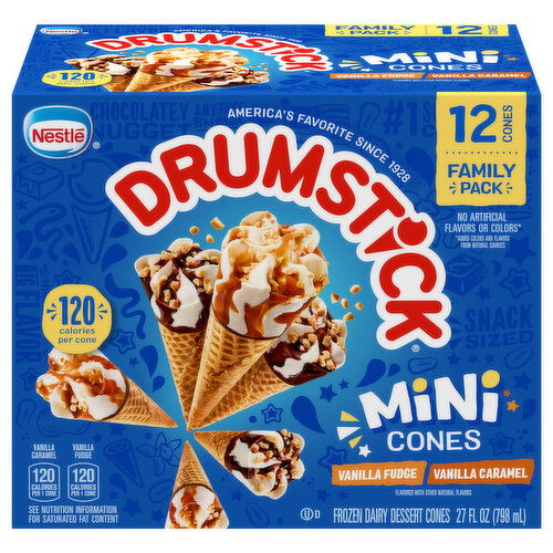 Drumstick Vanilla Fudge/Vanilla Caramel Mini Frozen Dairy Dessert Cones Family Pack
