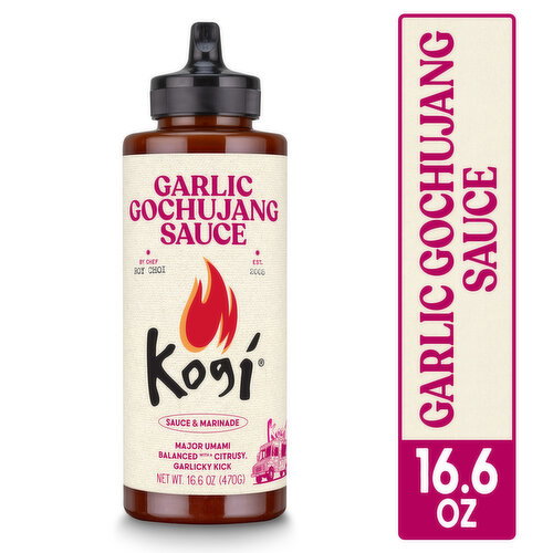 Kogi A medium-bodied, deep red sauce with visible pepper flecks, featuring soy, garlic, ginger, and gochujang, balanced by rice vinegar and a hint of mirin.