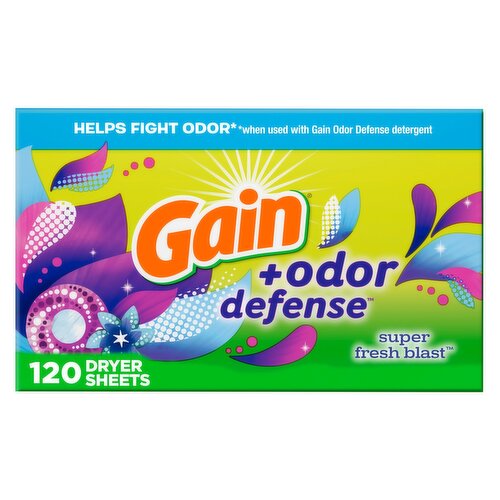 Gain + Odor Defense Dryer Sheets, Super Fresh Blast Scent