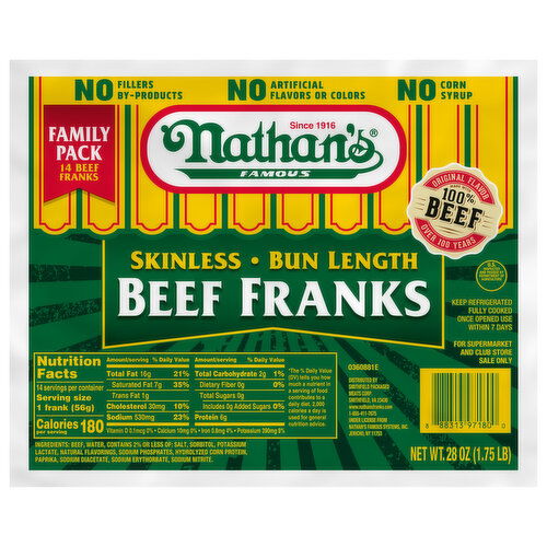 Nathan's Famous Beef Franks, Skinless, Bun Length, Family Pack