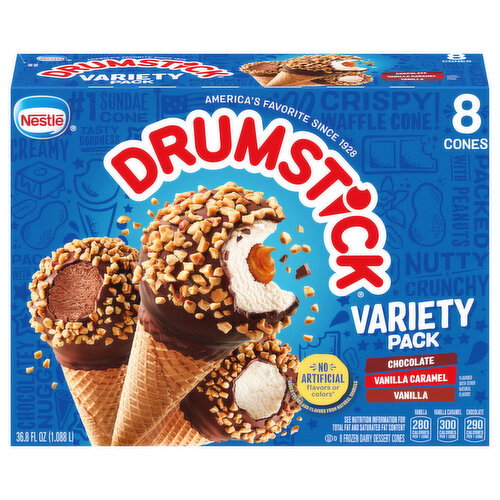 Drumstick Chocolate/Vanilla Caramel/Vanilla Frozen Dairy Dessert Cones Variety Pack Image 1 of 6