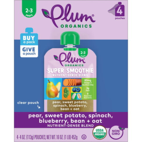 Plum Organics Super Smoothie Pear, Sweet Potato, Spinach, Blueberry, Bean + Oat-4oz Pouch-4-Pk