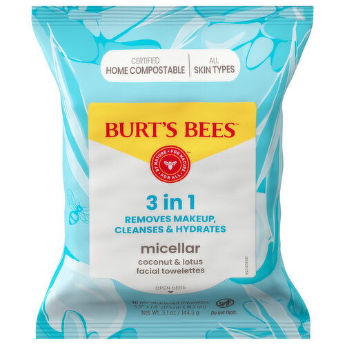 Burt's Bees Facial Towelettes, with Coconut & Lotus Water, Micellar, 3 in 1