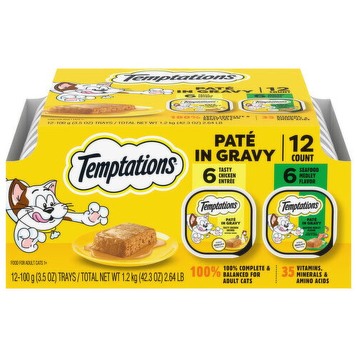Temptations Food for Cats, Tasty Chicken Entree/Seafood Medley Flavor, Pate in Gravy