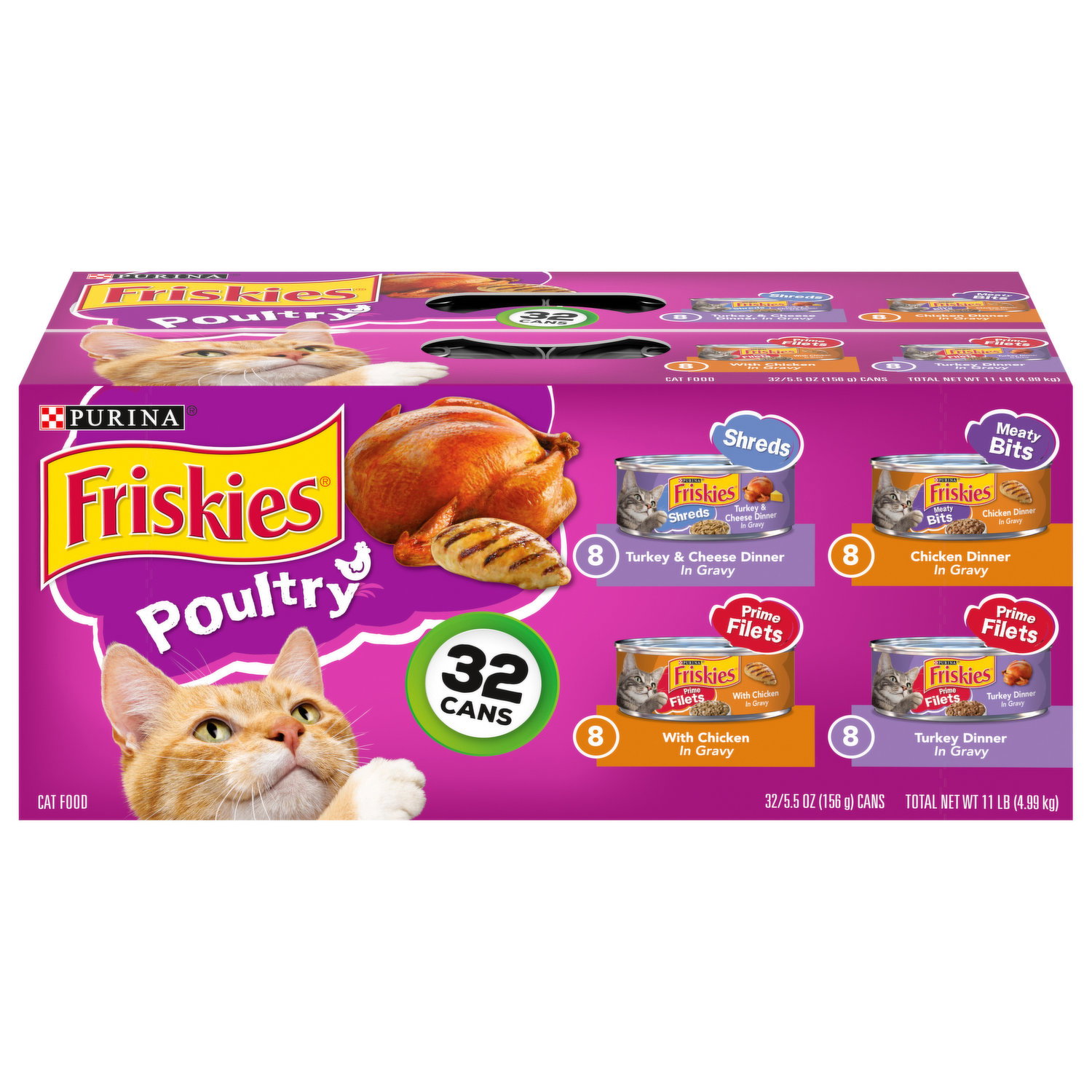 Friskies Shredded Wet Cat Food Variety Pack - Poultry & Fish Combo, 156g Cans (32 Pack)