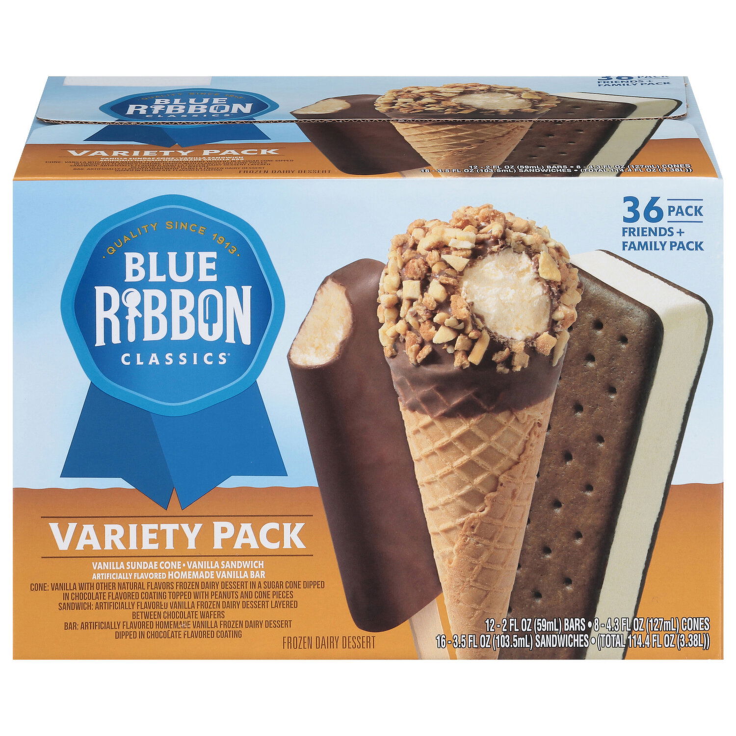 Blue Ribbon Classics Frozen Dairy Dessert, Variety Pack, 36