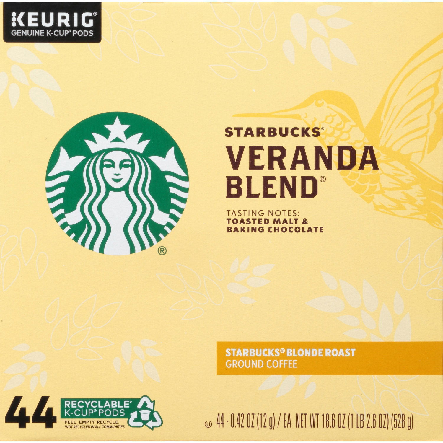 Starbucks Coffee, Ground, Blonde Roast, Veranda Blend, K-Cup